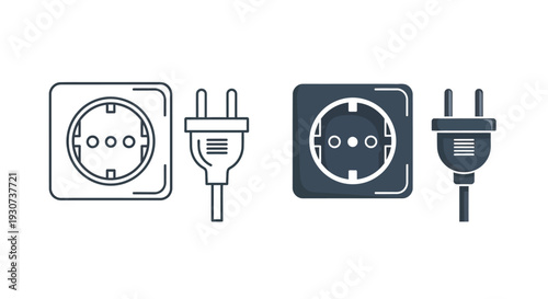 Electrical outlet and plug icons in linear and filled style silhouette