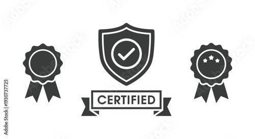 Three award symbols and a certification banner black silhouette