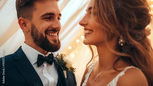 Slow motion tracking close up of bride and groom smiling and dancing inside wedding tent with string lights at reception