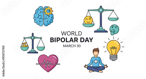 World Bipolar Day awareness illustration with mental health symbols