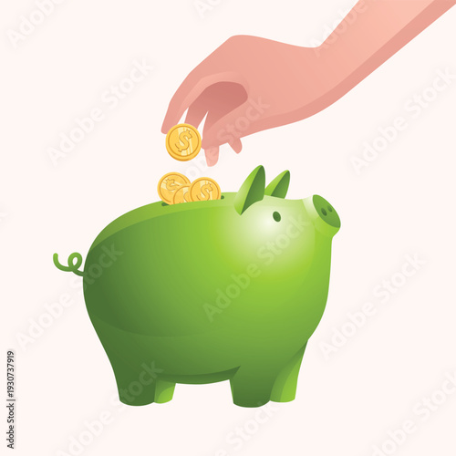Hand Depositing Coins into Green Piggy Bank