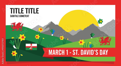 Vibrant Welsh landscape celebrating St. David's Day with dragons and daffodils