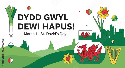 Vibrant Welsh landscape celebrating St. David's Day with iconic symbols