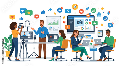 Teamwork Marketing Growth Concept Business Strategy Vector Illustration. Modern flat vector illustration of teamwork marketing growth concept showing business people collaborating to achieve marketing