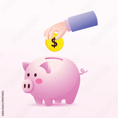 Hand with Blue Shirt Dropping Coin into Pink Piggy Bank