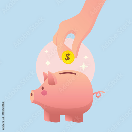 Hand Putting Coin into Pink Piggy Bank