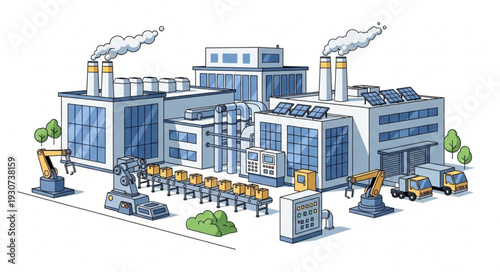 Industrial Factory Building with Smokestacks.