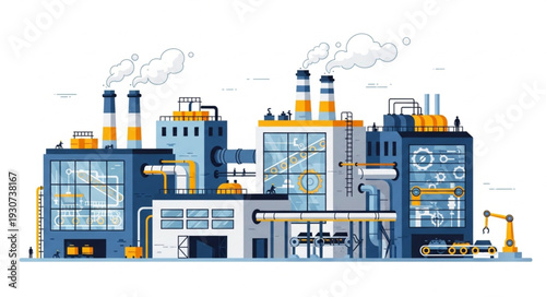 Industrial Factory Building with Smokestacks.