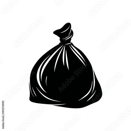 Black trash bag filled with waste on white background  