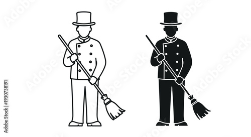 A chimney sweep depicted in both line art and solid black silhouette