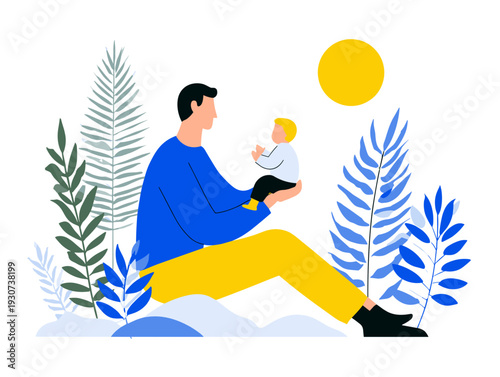 Man sitting outdoors with baby son in colorful foliage background  