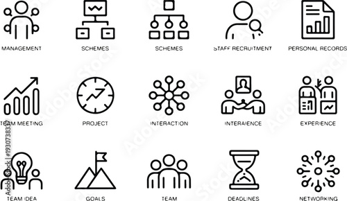 Business Management Line Icon Set Featuring Team, Workflow, Strategy and Organizational Outline Vector Illustrations