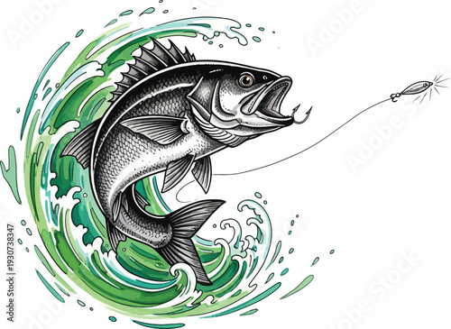 Large mouth bass jumping out of water with green wave