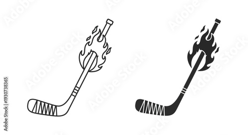 Two hockey sticks with flames one outlined and one solid silhouette