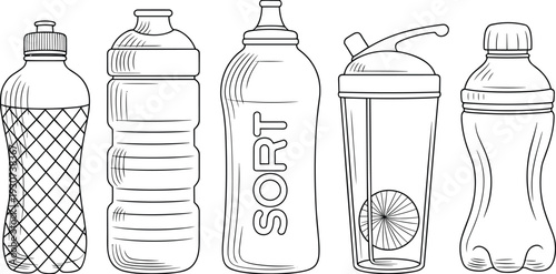 Sports water bottle and shaker cup outline vector set, reusable plastic drink containers collection isolated on white background