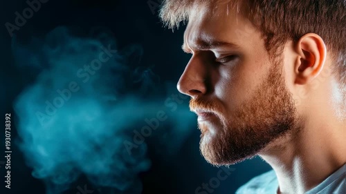 Slow motion close up profile tracking shot of bearded man exhaling vapor and smoke in dark studio with blue teal backlight and rim contrast