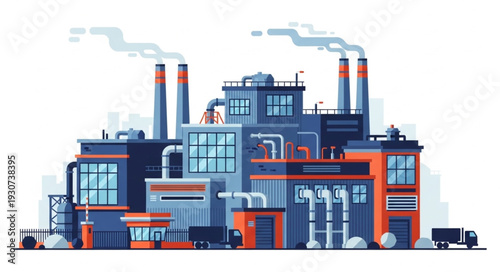 Industrial Factory Building with Smokestacks.
