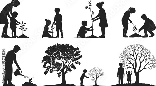 Tree planting silhouette vector set, children and adults growing sapling to mature tree environmental conservation illustration