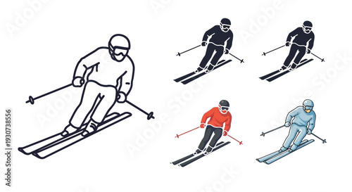 Skiers in dynamic poses depicted with a bold outline silhouette