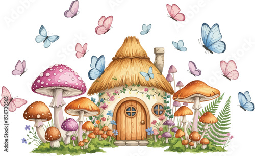 Whimsical illustration of a mushroom house with butterflies and fungi in a fantastical garden setting