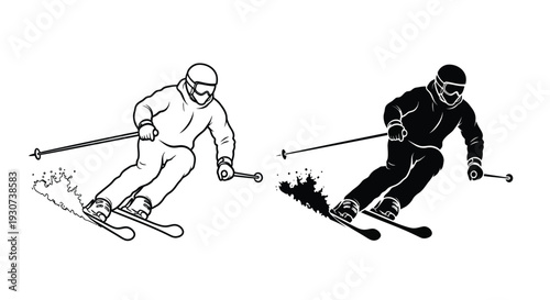 Two skiers in action depicted with a striking black outline silhouette