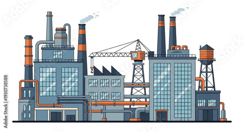 Industrial Factory Building with Chimneys and Crane.