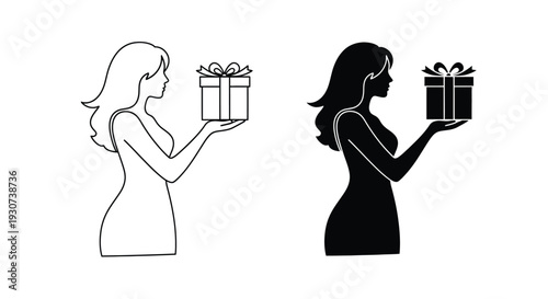 Woman with a gift shown in both line art and silhouette