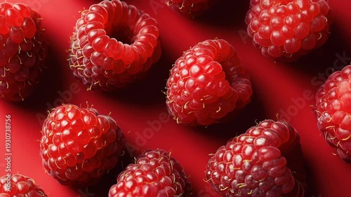 Bright red raspberries are displayed closely together against a bold red background, highlighting their juicy and fresh appearance. The delightful arrangement emphasizes their natural textures.