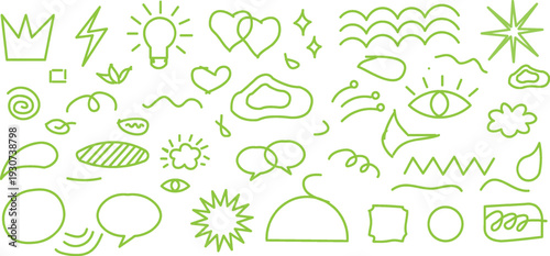 A collection of various green doodle icons and symbols on a white background