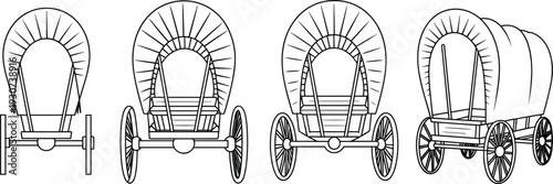 Vintage covered wagon set front and perspective view, old western prairie transport carriage outline vector illustration isolated on light background