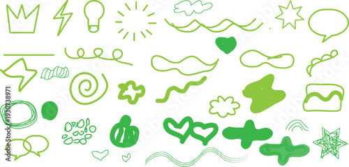 Collection of whimsical green and yellow icons and symbols