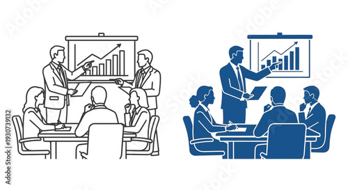 Business meeting with presentation and audience side by side silhouette
