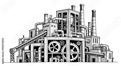 Industrial Factory Building with Machinery.