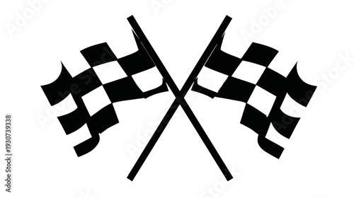 A black and white illustration of two crossed checkered flags, a common symbol of racing