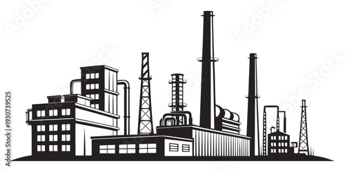 A detailed illustration of an industrial landscape with various factories and buildings.