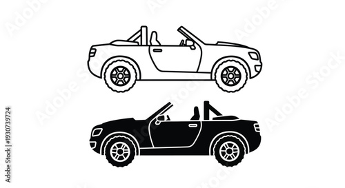 Two convertible cars shown in contrasting styles a black silhouette