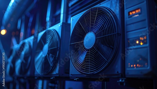 Row of industrial air conditioning units with fans, pipes and boxes, shrouded in deep blue lighting