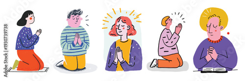 Colorful illustration set of religious men and women praying to God with folded hands spiritual worship and faith expressions