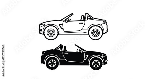 Black and white illustration of a convertible sports car silhouette