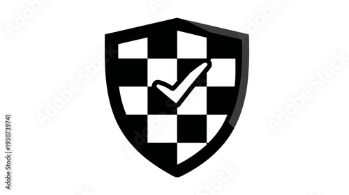 A stylized black and white shield-shaped icon with a check mark inside a checkered pattern