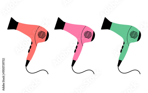 Colorful hair dryers in coral pink and mint green white background hairdryer beauty
