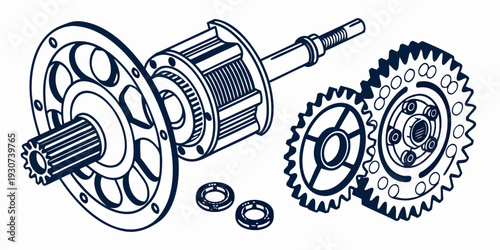 Detailed illustration of a mechanical gear assembly with various components.