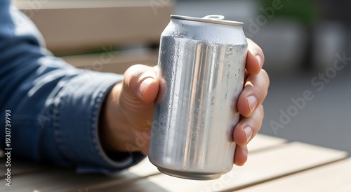 A hand holding a silver can of soda