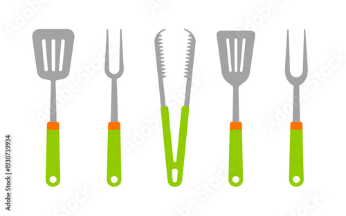 Flat of barbecue grilling tools including spatulas forks and tongs with green handles