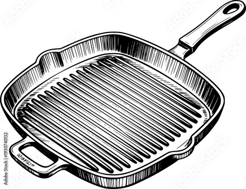 Hand Drawn Black and White Grill Pan Kitchen Utensil Isolated White Background cooking