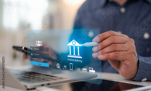 A Businessman using smartphone to do online mobile banking, Online banking technology, Cyber ​​security, Digital financial innovation technology, Investing in stocks and mutual funds for retirement.