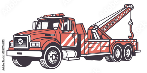 A detailed illustration of a red tow truck with a white cab and a crane arm.