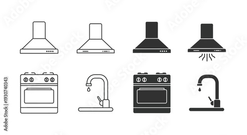 Black and white kitchen appliance icons in a linear silhouette