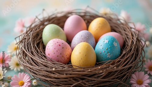 Colorful easter eggs in a nest surrounded by flowers on pastel background