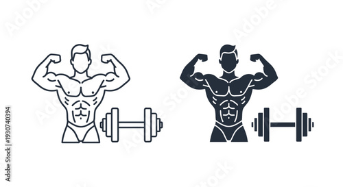 Two muscular men flexing with a barbell a minimalist silhouette